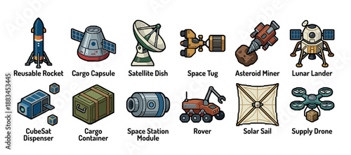 Set of twelve space exploration icons including a rocket, rover, lunar lander, and satellite dish in a colorful cartoon illustration style for science and technology concepts