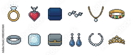 Charming pixel art collection of various jewelry items including diamond rings, necklaces, earrings, a tiara, and gemstones in a classic 8-bit video game aesthetic