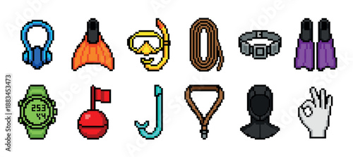 Pixel art freediving equipment set featuring a mask, snorkel, fins, buoy, and other gear for underwater sports, presented as a collection of 8-bit retro video game icons