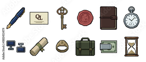 Set of pixel art icons depicting vintage business and personal accessories like a fountain pen, ornate key, wax seal, pocket watch, and briefcase in a classic 8-bit retro game style
