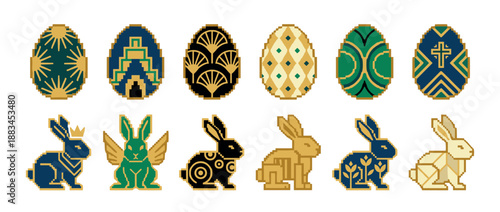 Collection of pixelated Easter eggs and bunnies featuring decorative Art Deco and geometric patterns in a stylish gold, blue, green, and black color palette