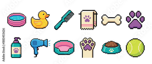 Pixel art collection of pet grooming items including a comb, shampoo, hairdryer, towel, and toys like a rubber duck and tennis ball in a colorful 8-bit retro game asset style