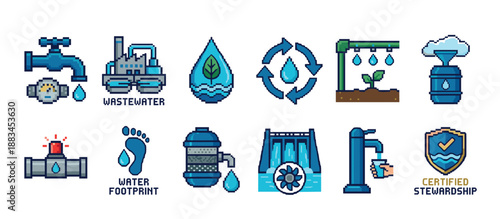 Water conservation and management pixel art icons illustrating concepts like recycling, purification, stewardship, and sustainability in a retro 8-bit video game graphic style