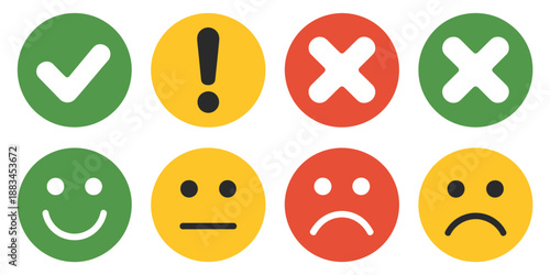 Colorful round icon set with green check marks, red crosses, yellow alerts, and feedback emoticons in flat button style for web, app, and interface design