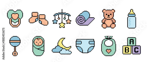 Collection of colorful pixel art baby icons including a pacifier, teddy bear, bottle, and diaper for a newborn theme, rendered in a charming 8-bit retro video game aesthetic