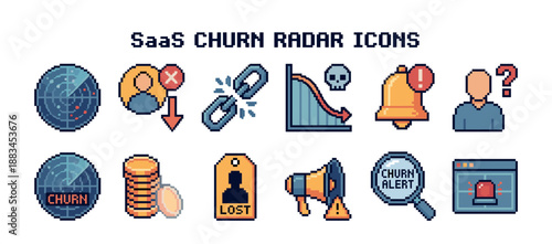 Business analytics pixel art icon collection showing customer churn concepts like user loss, declining revenue, broken links, and system alerts in a vintage 8-bit design