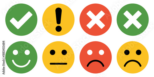 Colorful round icon set with green check marks, red crosses, yellow alerts, and feedback emoticons in flat button style for web, app, and interface design