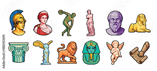 Collection of ancient Greek, Roman, and Egyptian civilization icons featuring statues, busts, and artifacts in a colorful graphic illustration style for historical or educational themes