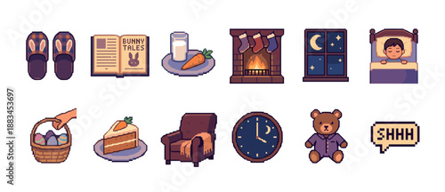 Collection of pixel art icons depicting cozy bedtime and holiday elements like a sleeping child, teddy bear, and fireplace in a charming retro 8-bit video game style