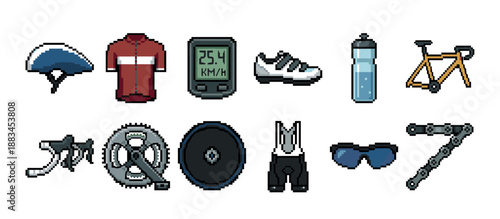 Pixel art set of bicycle components and cycling gear including a helmet, jersey, computer, and frame, rendered in a colorful 8-bit retro video game sprite illustration style
