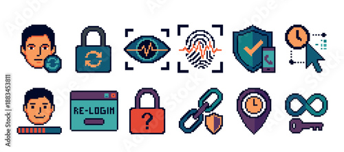 Collection of pixel art cybersecurity icons for user authentication, including a fingerprint scan, padlock, shield, and login interface elements in a retro 8-bit video game style