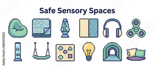 Set of pixel art icons for safe sensory spaces shows a beanbag, headphones, fidget spinner, and other calming items for neurodiversity and autism support in a retro 8-bit style
