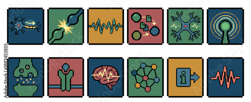 Set of pixel art neuroscience icons showing neurons, synapses, brainwaves, and neural networks in a colorful retro 8-bit style for science and technology concepts