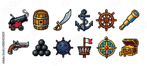 Collection of twelve pirate adventure icons in a retro 8-bit pixel art style, including a treasure chest, cannon, ship's wheel, anchor, sabre, and spyglass