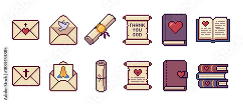 Collection of religious pixel art icons featuring Christian symbols like the cross, dove, bible, prayer scrolls, and envelopes with hearts in a charming 8-bit retro game style