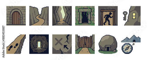 Set of pixel art adventure icons for a fantasy role-playing game, featuring a dungeon entrance, key, compass, map marker, and cave for a retro 8-bit video game interface