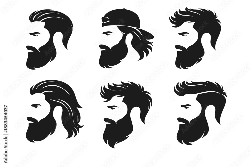 Obraz premium Set of six black male profile silhouettes with beard and modern hairstyles including man bun and cap, isolated on white. Barber shop avatar icons for grooming and style.