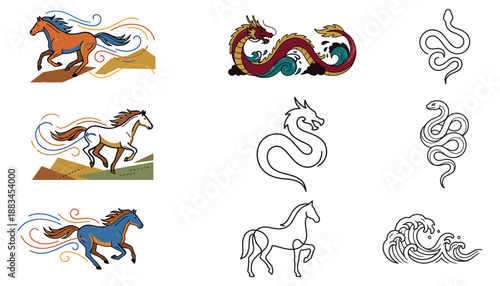 Horses and dragons in various artistic styles and colors on white background