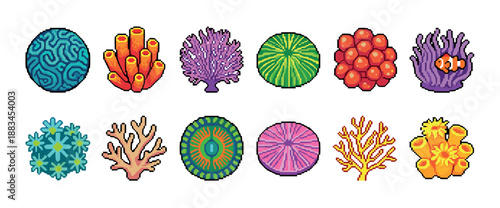 Set of colorful pixel art coral icons featuring various reef organisms like anemones, sponges, and a clownfish in a retro 8-bit video game style illustration collection