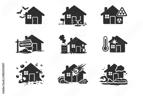 Black disaster icon set showing haunted house, leaks, radiation warning, foreclosure, pollution, heat, hail, meteor strike and flood symbols for insurance, risk assessment and emergency.