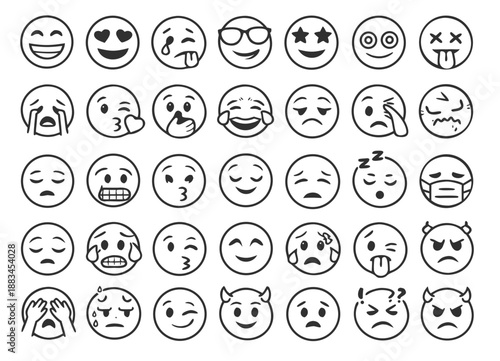 Large set of hand-drawn emoji faces showing diverse emotions and reactions in doodle outline style. Expressive smileys grid isolated on white for chat, stickers, ui.