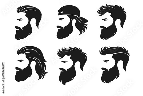 Set of six black male profile silhouettes with beard and modern hairstyles including man bun and cap, isolated on white. Barber shop avatar icons for grooming and style.