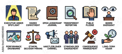 Collection of pixel art icons representing corporate governance concepts like leadership, transparency, ethics, and stakeholder engagement in a retro 8-bit video game style