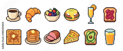 Collection of pixel art breakfast food and drink icons including coffee, pancakes, waffles, and juice in a retro 8-bit video game style illustration set