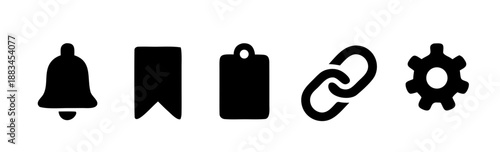 Bold black UI icons for notification bell, bookmark ribbon, tag label, link chain and settings gear, isolated on white. Minimal navigation concept for apps and websites.