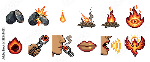 Collection of pixel art icons depicting the creation of fire, from striking stones to a campfire, a seraph, and the purification of lips with a hot coal for powerful speech