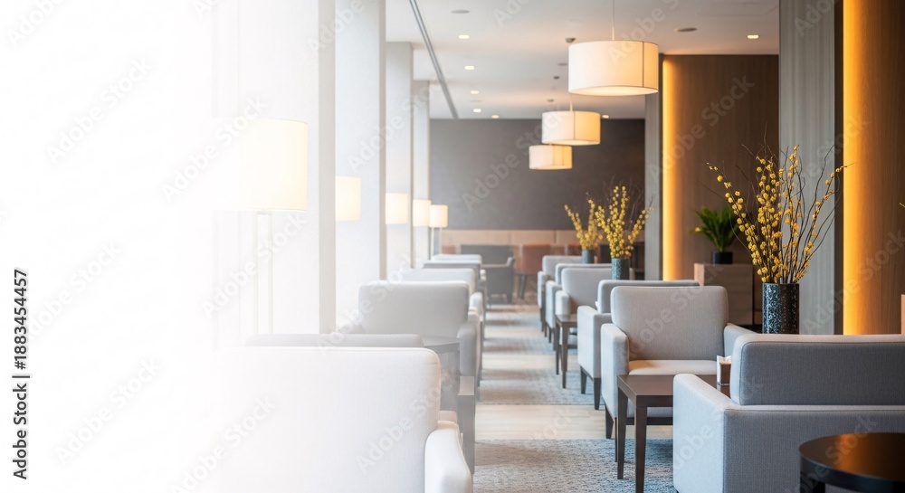 Fototapeta premium Modern hotel lobby with lounge chairs and decor with copy space
