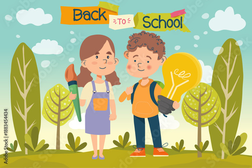 Two children with school supplies and lightbulb in a park setting back to school