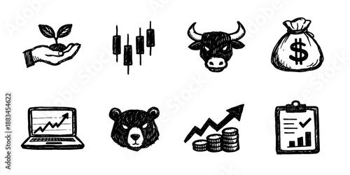 Trading sketch icon collection in black. Set of market, investment, bull and bear icons in doodle style