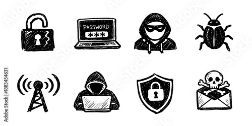Cyber security sketch icon collection in black. Set of lock, hacker, malware, shield and data protection icons in doodle style