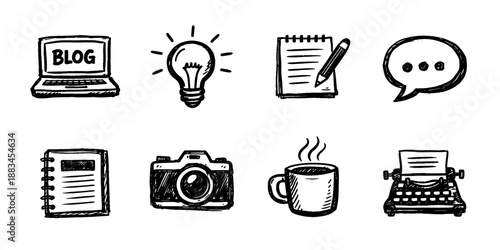 Content creation sketch icon collection in black. Set of blog, idea, notes, chat, notebook, camera, coffee and typewriter icons in doodle style
