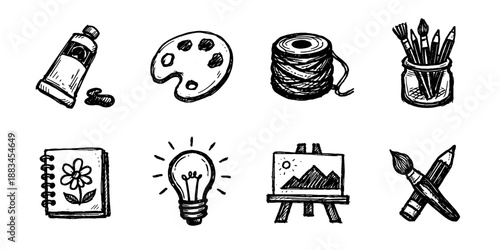 Art supplies sketch icon collection in black. Set of paint tube, palette, yarn, brushes, sketchbook, easel and pencil icons in doodle style