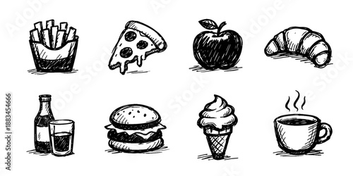 Fast food sketch icon collection in black. Set of burger, fries, hot dog, pizza, soda icons in doodle style