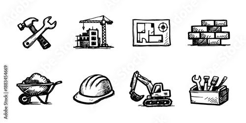 Construction sketch icon collection in black. Set of helmet, crane, tools, bricks, blueprint, building, truck and warning icons in doodle style