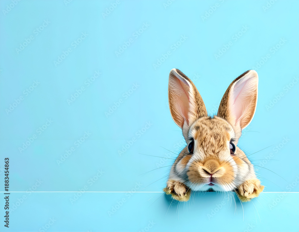 Obraz premium Cute Easter bunny peeking over blue background with copy space.