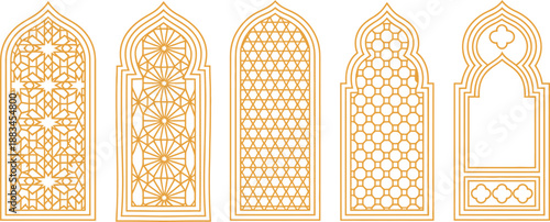 Detailed islamic window designs in a row showcasing intricate geometric patterns and arabesque motifs on transparent background high-quality professional detailed