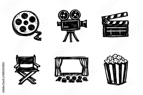 Cinema production sketch icon collection in black. Set of film reel, vintage camera, clapperboard, director chair, theater stage and popcorn icons in doodle style