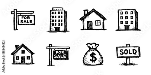 Real estate sketch icon collection in black. Set of house, building, key, sale sign, rent sign, document, location pin and city icons in doodle style