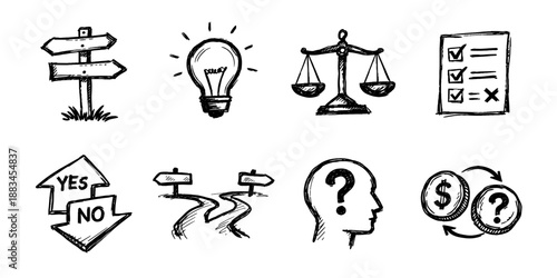 Decision making sketch icon collection in black. Set of direction signs, idea bulb, balance scale, checklist, choice arrows and question icons in doodle style