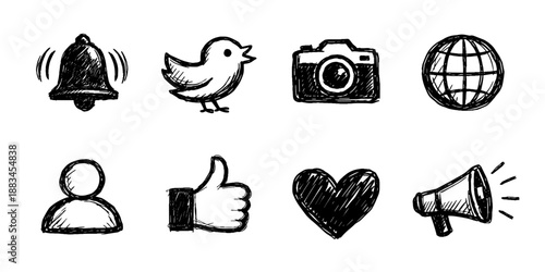 Social media sketch icon collection in black. Set of notification bell, bird, camera, globe, user, like, heart and megaphone icons in doodle style