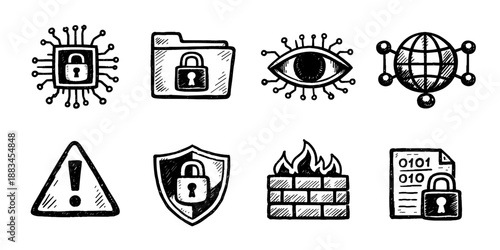 Cyber security sketch icon collection in black. Set of secure chip, locked folder, digital eye, global network, firewall, warning and shield icons in doodle style