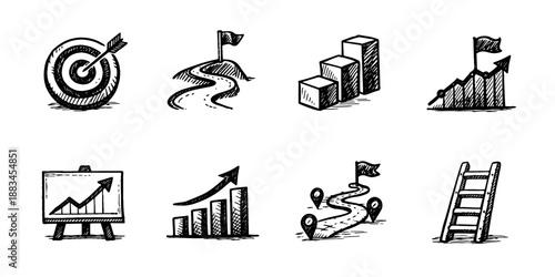 Business strategy sketch icon collection in black. Set of target, roadmap, progress chart, milestone steps, analytics board and planning icons in doodle style