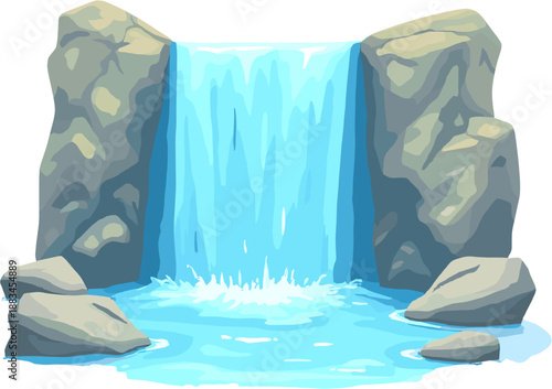Stylized waterfall with flowing water and rocks. Clean cartoon illustration suitable for games, apps, backgrounds and nature-themed designs