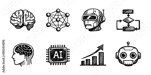 Artificial intelligence sketch icon collection in black. Set of brain, neural network, robot head, flowchart, AI chip, analytics graph and automation icons in doodle style