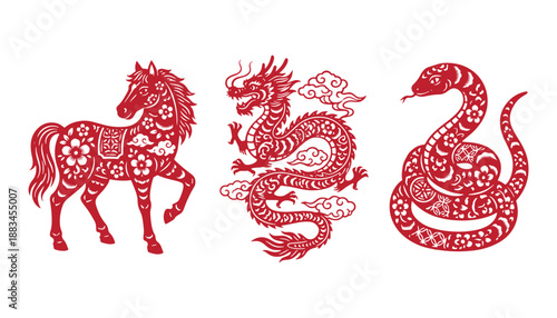 Chinese zodiac symbols horse dragon snake red paper cutout designs