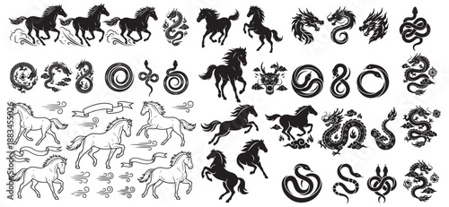 Zodiac horse silhouettes with astrology symbols on white background